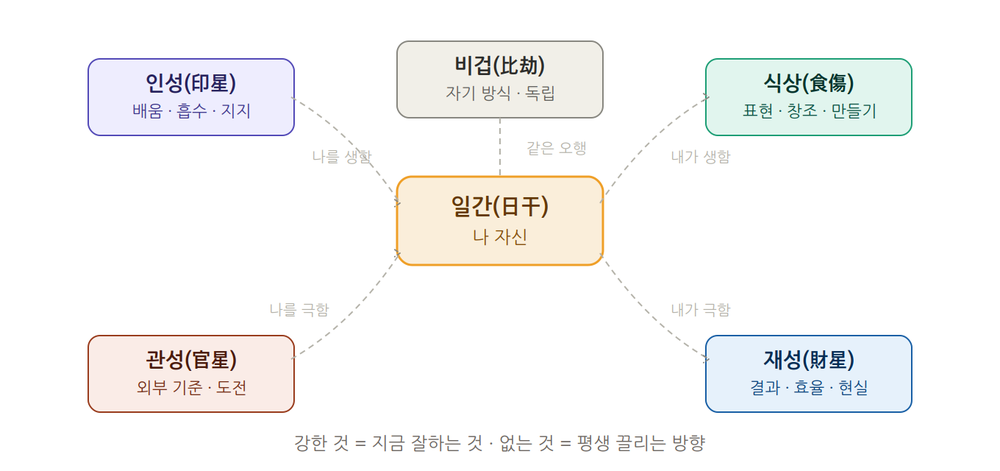 육친 — 비겁·식상·재성·관성·인성